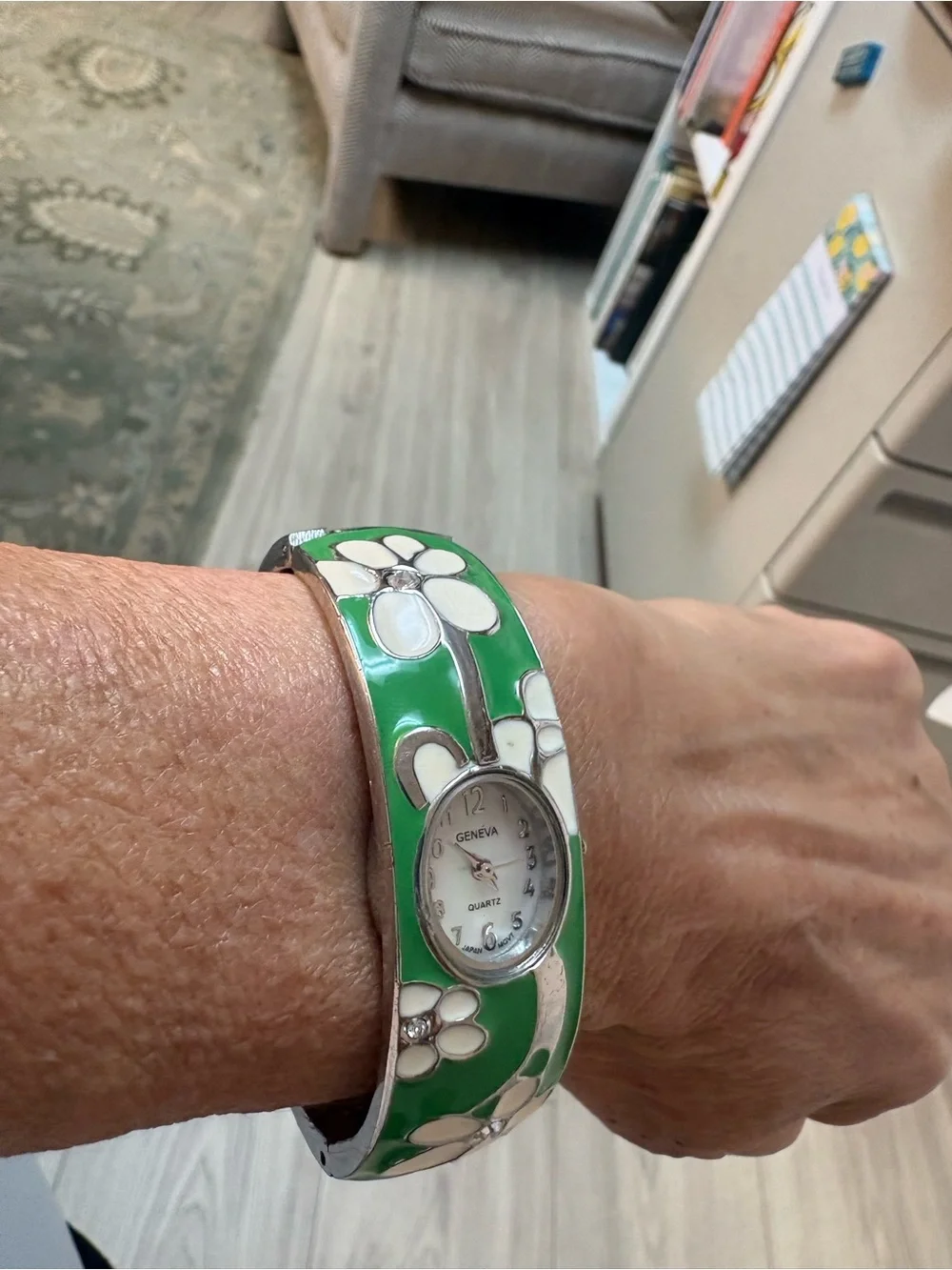 Geneva Green and White Floral Bangle Watch perfect enamel
